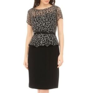 Shelby and Palmer Cocktail Dress 6 Black White Peplum Belted Sheer Abstract Chic